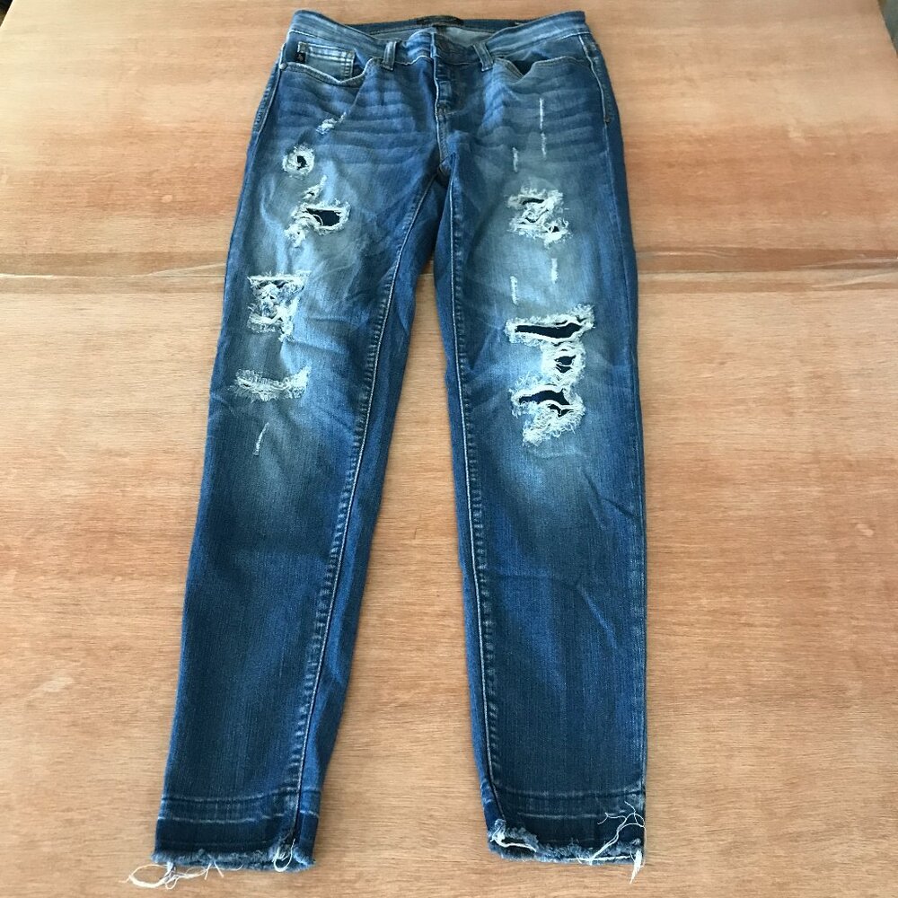 Judy Blue Distressed Patched Skinny Jeans Women 7/28 Blue Mid Rise